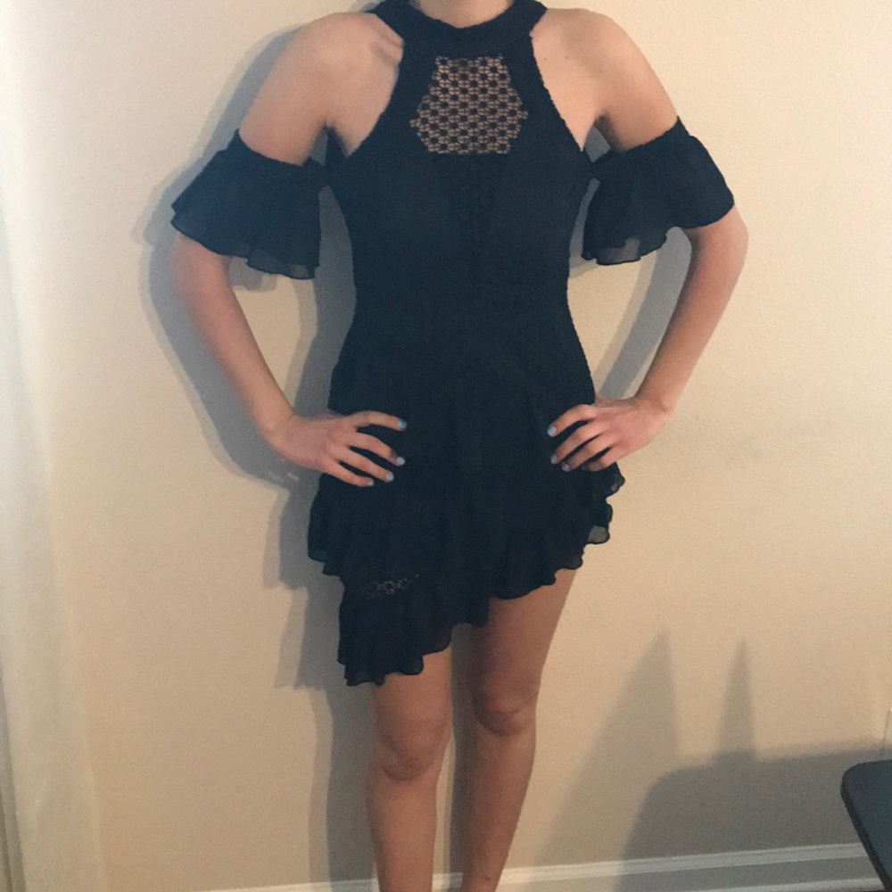 PLT Black Asymmetrical Crochet Mesh Dress